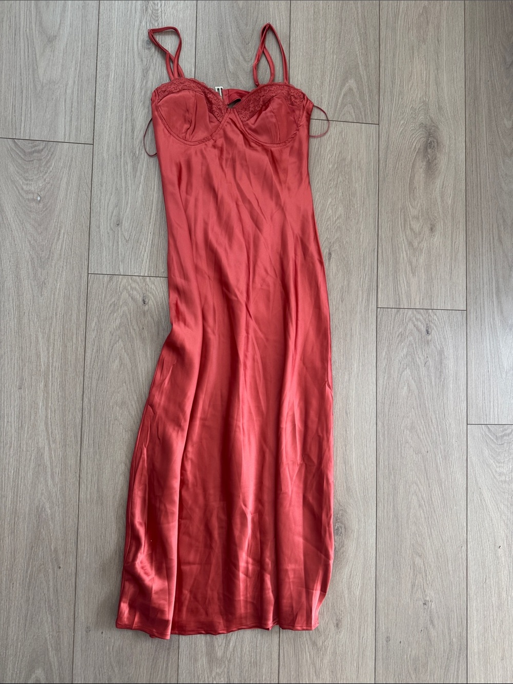 Le Lis Red Satin Slip Maxi Dress with Lace Bust